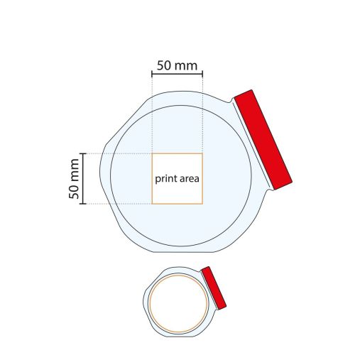 Technische werktekening van glazen snoeppot met rood deksel en gemarkeerd drukgebied voor personalisatie.