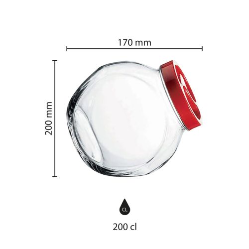 Visueel overzicht van maatvoering van de glazen snoeppot Sweets 2 liter met rood deksel, grafisch weergegeven.