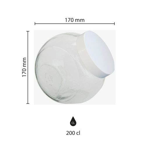 Infografisch overzicht van de glazen snoeppot Sweets 2 liter met wit deksel en bijbehorende afmetingen.