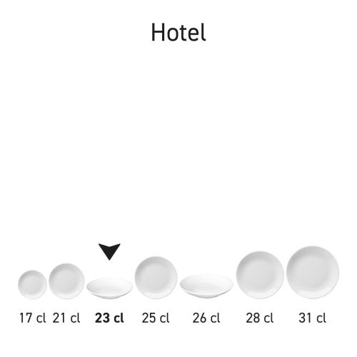 Wit soepbord Hotel wit 23 cm porselein in serie, meerdere exemplaren naast elkaar getoond