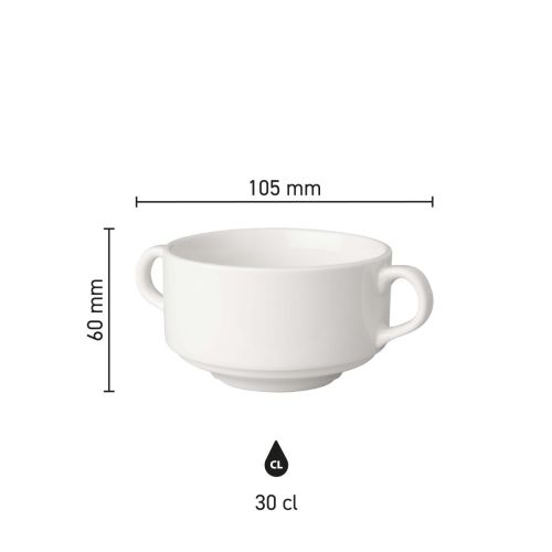 Infographic toont productafmetingen van Budgetline soepkop 30 cl porselein met diameter en hoogte. Infographic toont productafmetingen van Budgetline soepkop 30 cl porselein met diameter en hoogte.