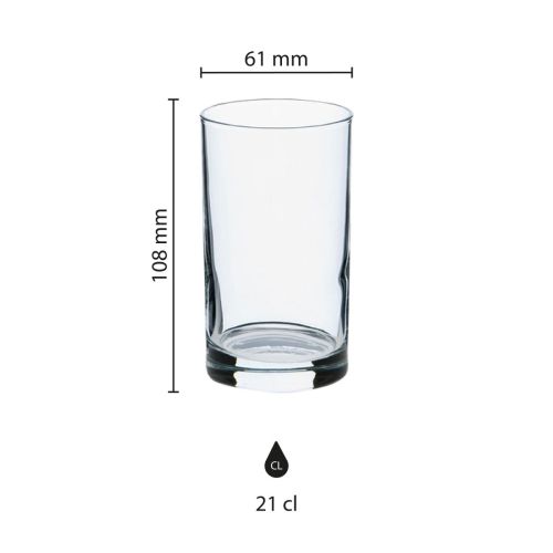 Infographic toont afmetingen van het glazen spatjesglas van 21 cl in detail.