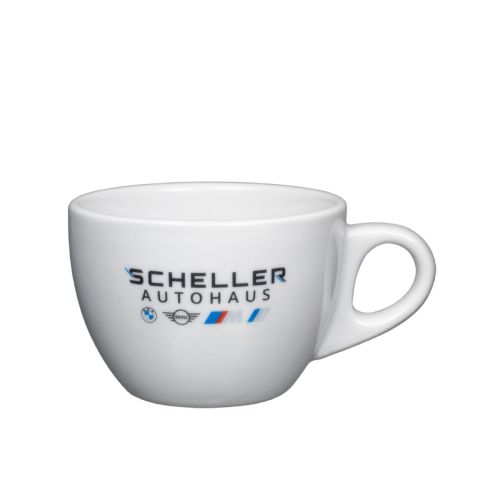Style Cappuccino Kop 19 cl. van porselein met meerkleurig Scheller Autohaus-logo op het voorpaneel