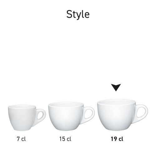 Serie-opstelling van meerdere Style Cappuccino koppen in wit porselein.