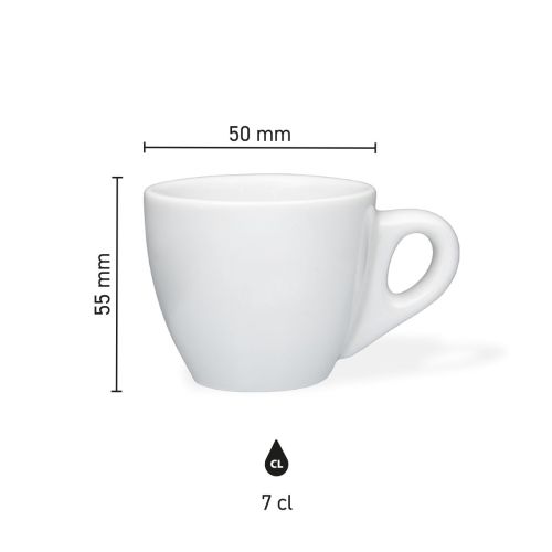 Infographic met hoogte en diameter van porseleinen espressokop 7 cl.