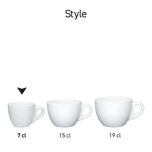 Serieoverzicht van Style Espresso koppen in wit porselein, naast elkaar gepresenteerd.