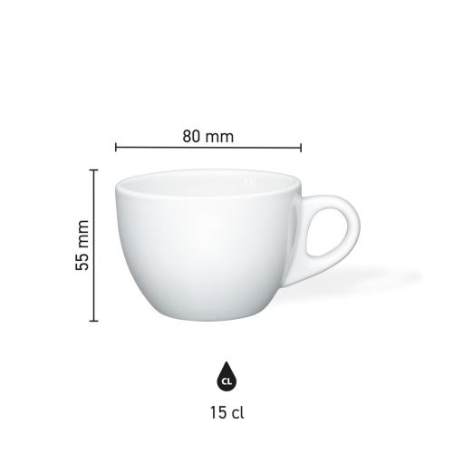 Infographic met productafmetingen van Style Koffie kop 15 cl. in porselein.
