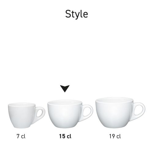Serie-opstelling van meerdere Style Koffie koppen 15 cl. porselein in wit.
