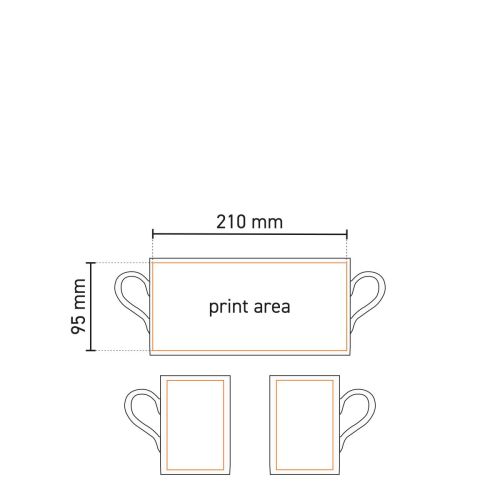 Drukgebied werktekening van porseleinen Tango mok 29 cl, met aanduiding van bedrukkingszone.