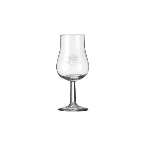 Tasting glass 13 cl. glas vooraanzicht met gegraveerd logo CorkColor. Tasting glass 13 cl. glas vooraanzicht met gegraveerd logo CorkColor.