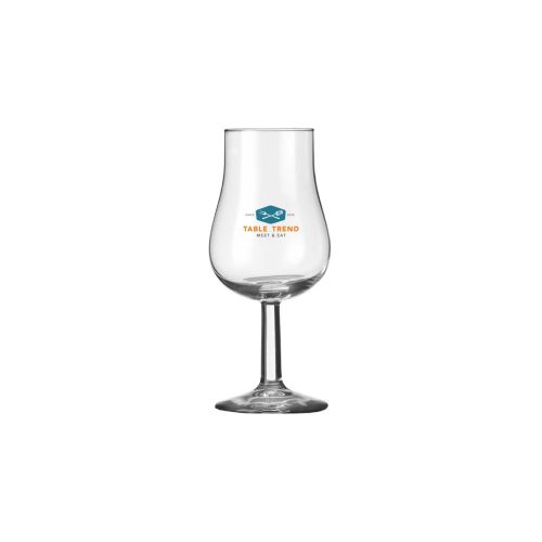 Tasting glass 13 cl glas vooraanzicht met meerkleurig logo TableTrend. Tasting glass 13 cl glas vooraanzicht met meerkleurig logo TableTrend.