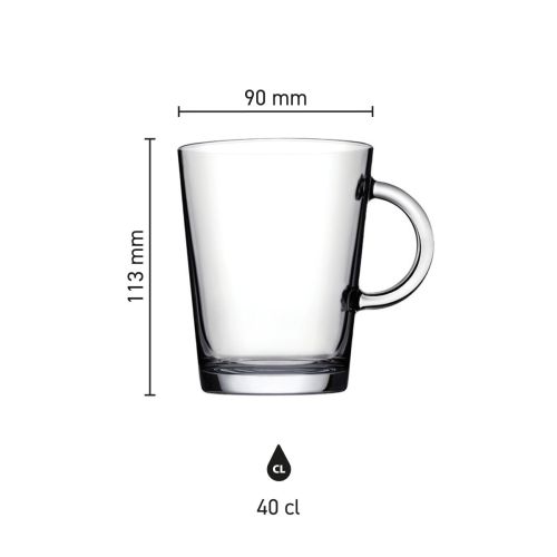 Infographic toont hoogte, diameter en inhoud van het theeglas Tribeca 40 cl.