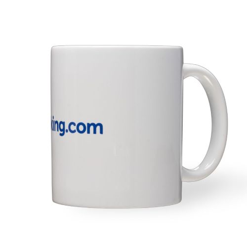 Tomek mok 30 cl. van porselein met eenkleurig logo van Booking.com op het voorpaneel