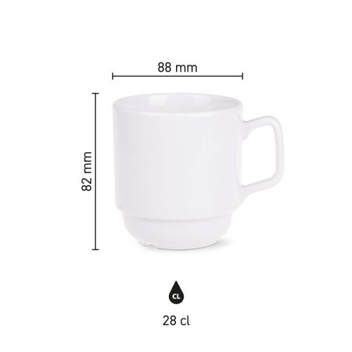 Afbeelding toont overzicht van hoogte en diameter van Torino mok 28 cl. porselein.