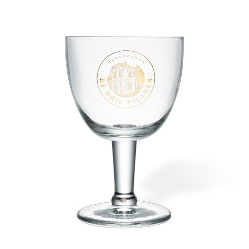 Trappist Glas 25 cl tapmaat met eenkleurig logo van De Drie Pilaren op het voorpaneel