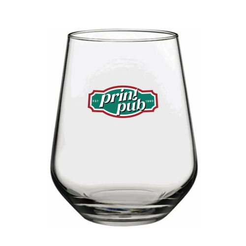 Heldere Tumbler Allegra 34,5 cl met meerkleurig PrintPub-logo op de voorzijde van het glas.