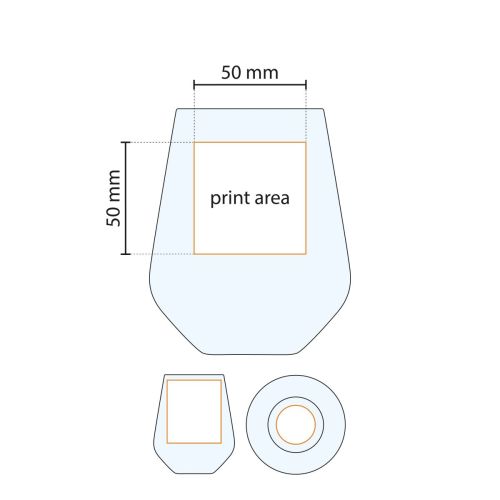 Technische werktekening van het tumblerglas Allegra met markering van het drukgebied voor logo- of tekstbedrukking. Technische werktekening van het tumblerglas Allegra met markering van het drukgebied voor logo- of tekstbedrukking.