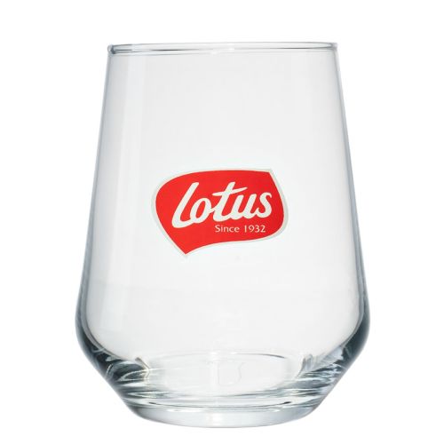 Tumbler Allegra 42,5 cl glas met meerkleurig Lotus-logo op het voorpaneel