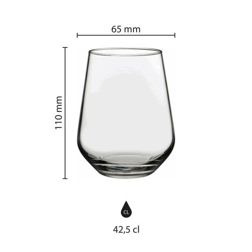 Infographic toont de afmetingen van het tumblerglas Allegra 42,5 cl. inclusief hoogte en diameter. Infographic toont de afmetingen van het tumblerglas Allegra 42,5 cl. inclusief hoogte en diameter.