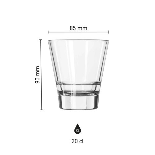 Infographic met productafmetingen van het Libbey Endeavor 20 cl tumblerglas met schaalverdeling. Infographic met productafmetingen van het Libbey Endeavor 20 cl tumblerglas met schaalverdeling.