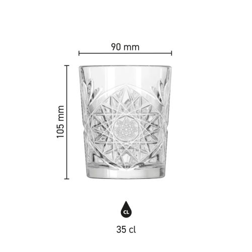 Maatvoering van de Tumbler Onis Hobstar 35 cl glas met hoogte, diameter en inhoud in infographic