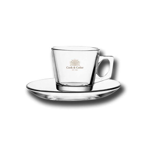 Vela 8 cl kop en schotel set glas met meerkleurig CorkColor-logo op het voorpaneel