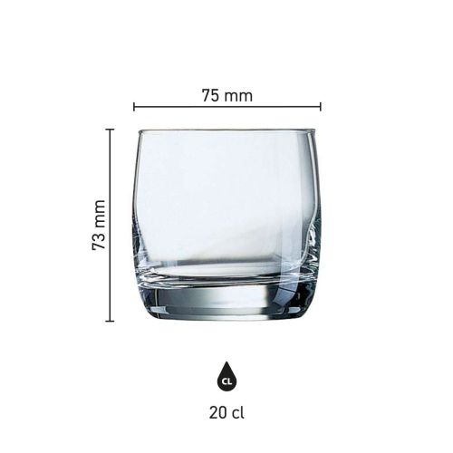 Infographic met de exacte afmetingen van het Vigne tumblerglas 20 cl. in glas weergegeven. Infographic met de exacte afmetingen van het Vigne tumblerglas 20 cl. in glas weergegeven.