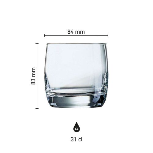 Heldere infographic toont exacte productafmetingen van de Vigne tumbler 31 cl. glas, met schaal en maataanduiding.