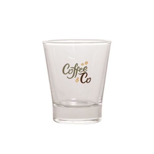 Vooraanzicht van Cafeïno 9 cl glas met kleurrijk logo van CoffeeCo in 2-4 kleuren op de voorzijde.