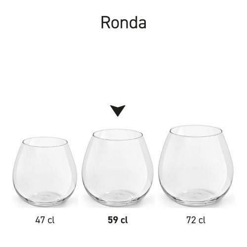 Wijnglas Ronda 59 cl glas in serie, meerdere exemplaren met verschillende inhoudsmaten naast elkaar getoond