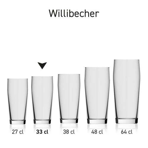 Willibecher bierglas 33 cl. glas gevuld met bier, productfoto op witte achtergrond