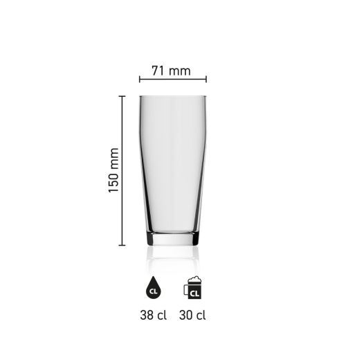Maatvoering van de Willibecher 38 cl. glas met hoogte, diameter en inhoud in infographic