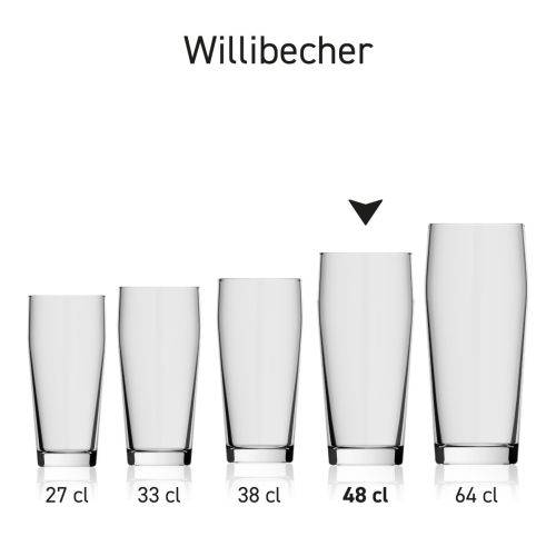 Willibecher 48 cl. glas in serie, meerdere exemplaren naast elkaar getoond
