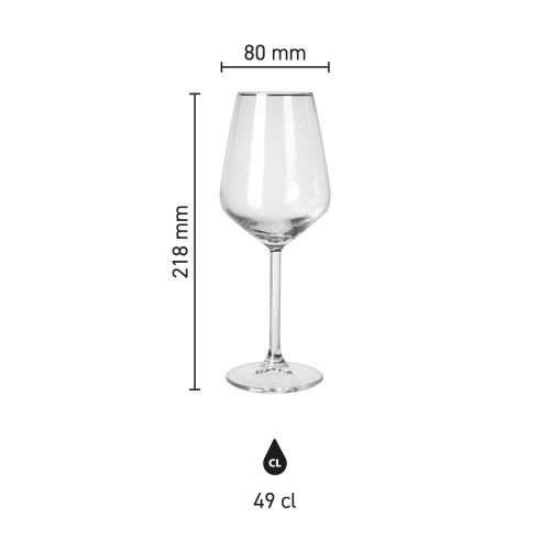 Infographic toont hoogte, diameter en inhoud van het Allegra wijnglas van 49 cl. met meetlijnen.