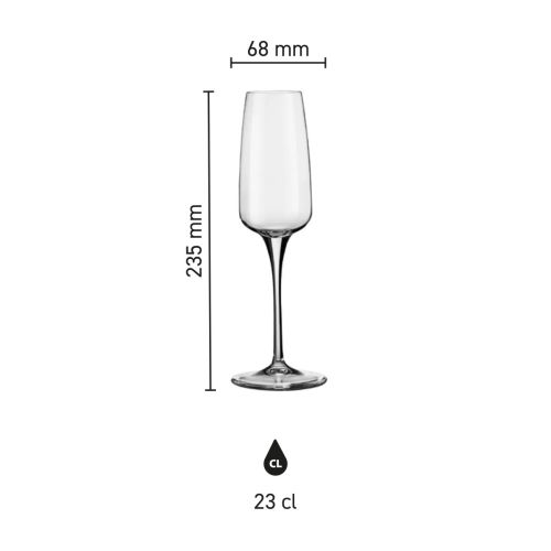 Infographic met afmetingen van Aurum champagneflute 23 cl van glas, inclusief hoogte en diameter.