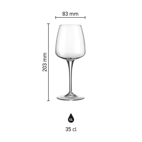 Infographic toont afmetingen van het Aurum wijnglas 35 cl in glas, met schaal en maatlijnen. Infographic toont afmetingen van het Aurum wijnglas 35 cl in glas, met schaal en maatlijnen.
