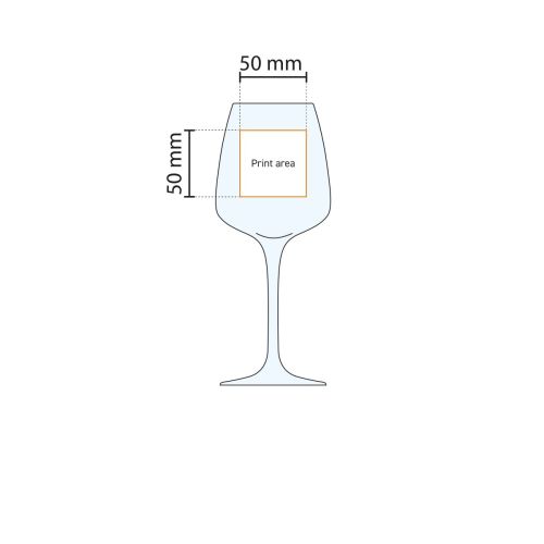 Technische werktekening met drukgebied van Aurum wijnglas 43 cl, toont bedrukbare zone. Technische werktekening met drukgebied van Aurum wijnglas 43 cl, toont bedrukbare zone.