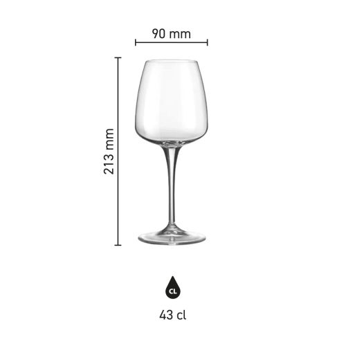 Infographic toont maatvoering van Aurum wijnglas 43 cl. van glas, met inhoud, hoogte en diameter. Infographic toont maatvoering van Aurum wijnglas 43 cl. van glas, met inhoud, hoogte en diameter.
