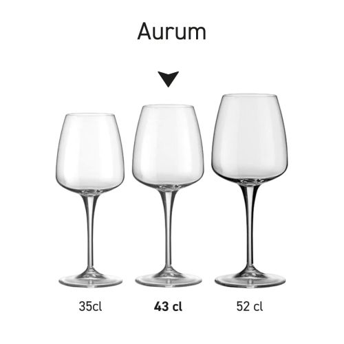 Weergave van Aurum wijnglazen in een serie, toont gelijke vorm en afwerking. Weergave van Aurum wijnglazen in een serie, toont gelijke vorm en afwerking.