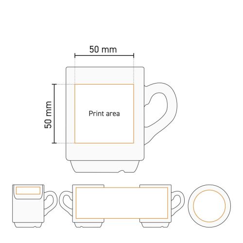 Technische werktekening met drukgebied van een porseleinen automatenbeker 20 cl. geschikt voor bedrukking.