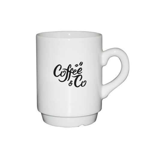 Witte automatenbeker van 20 cl porselein met CoffeeCo-logo in één kleur op de voorkant.