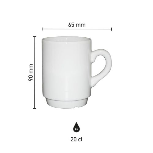 Afbeelding toont de exacte afmetingen van een 20 cl witte porseleinen automatenbeker in infographicstijl.