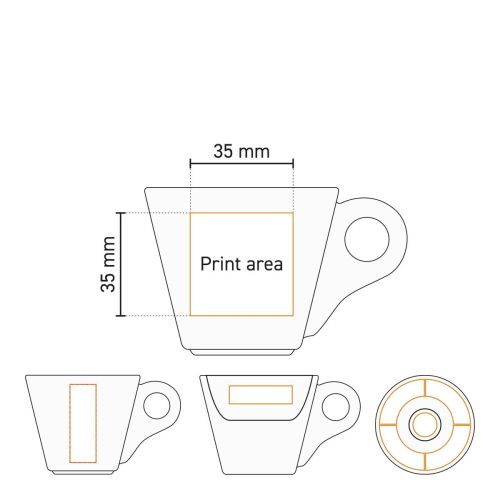 Technische werktekening van het drukgebied op Baristo Espresso 8 cl. SET porselein, kop en schotel.