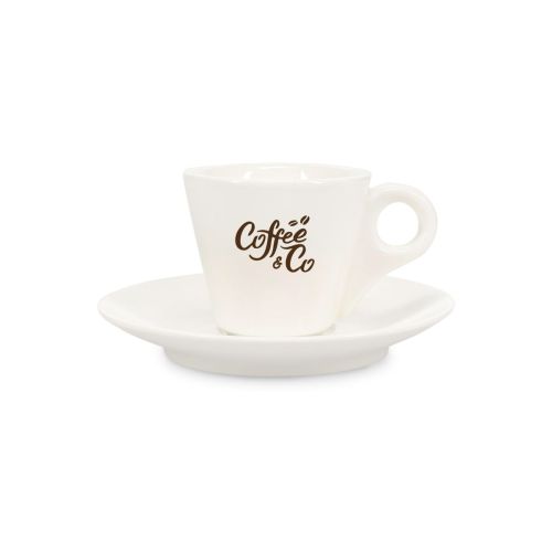 Porseleinen Baristo Espresso SET 8 cl. met CoffeeCo-logo in één kleur op het vooraanzicht van de kop.
