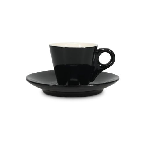 Vooraanzicht van Baristo Espresso 8 cl. SET van zwart-wit porselein, bestaande uit kop en schotel.