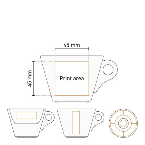 Gedetailleerde werktekening van drukgebied voor bedrukking op Baristo Koffie 16 cl. SET porselein.