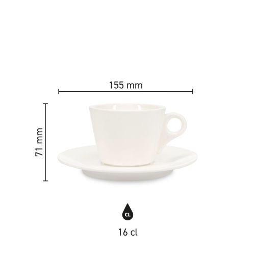 Meetoverzicht van Baristo Koffie 16 cl. SET toont inhoud, diameter en hoogte van kop en schotel.