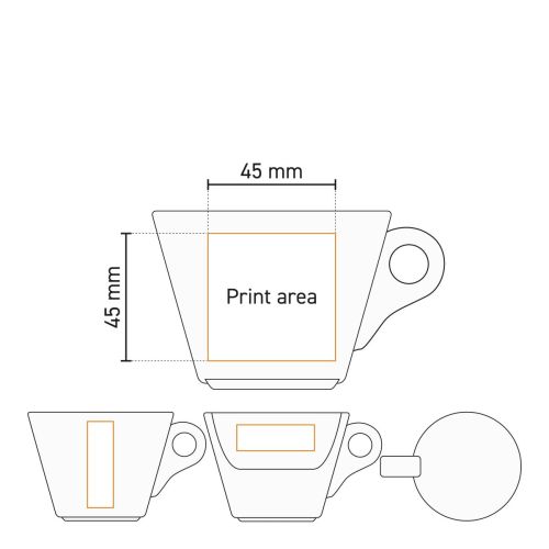 Drukgebied op werktekening toont logopositie voor de Baristo koffie kop 16 cl. porselein.