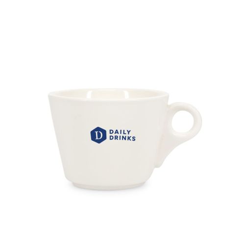 Baristo koffie kop 16 cl. met éénkleurig DailyDrinks-logo op het vooraanzicht van het porselein.