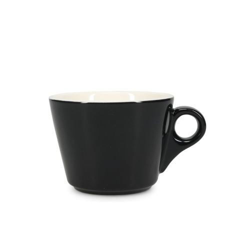 Vooraanzicht van de Baristo koffie kop 16 cl. van zwart-wit porselein met klassiek afgerond ontwerp.